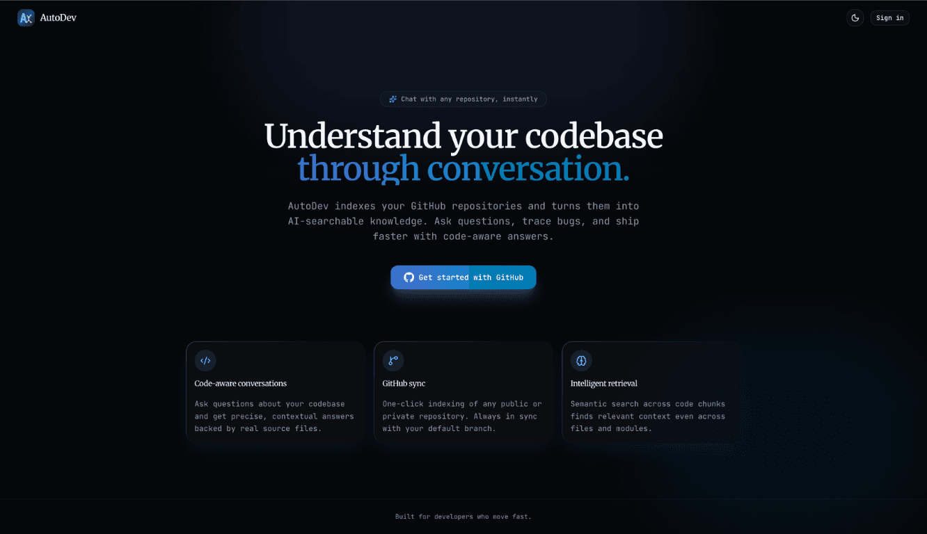 AutoDev repository assistant landing page